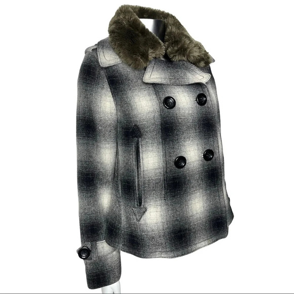 Eddie Bauer Pea Coat Wool Blend Plaid Coat Removable Faux Fur Collar  Size XS - Picture 6 of 10